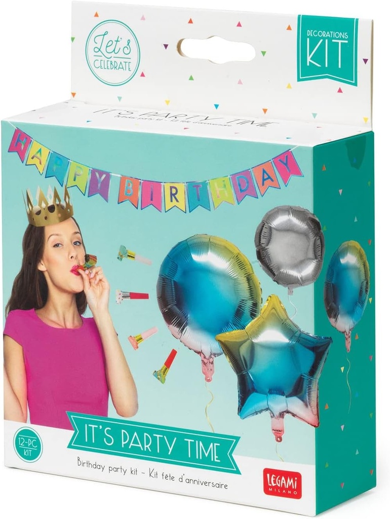 Legami - Birthday Party Decorations Kit 1 Garland 1 Crown 4 Trumpets 5 Balloons Straw for Balloon Inflation