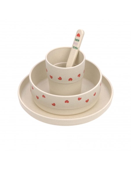 Coffret Repas Happy Rascals Cœur lavande (assiette, bol, tasse, cuillère)