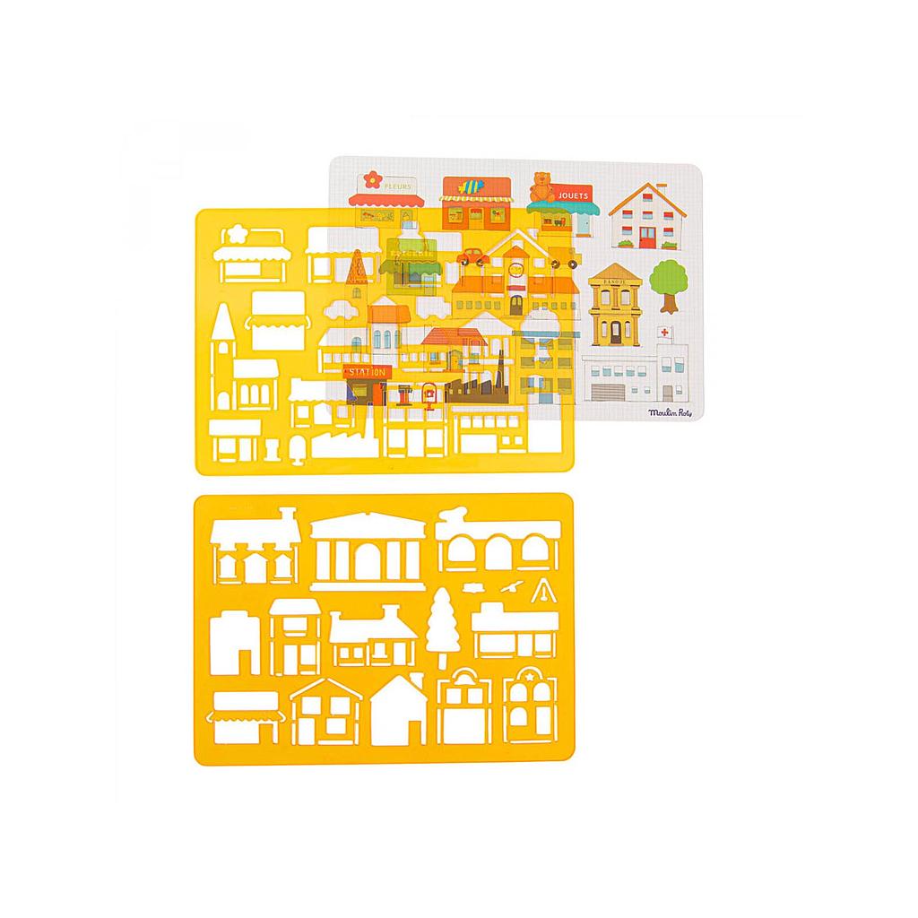 Set de pochoirs à dessin La ville Moulin Roty