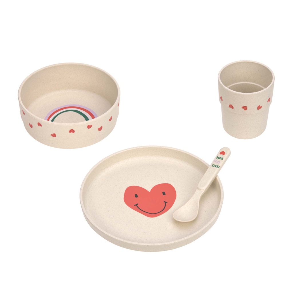 Coffret Repas Happy Rascals Cœur lavande (assiette, bol, tasse, cuillère)