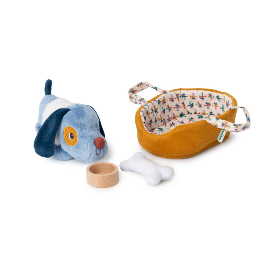 Peluche sonore Jules le chien et son panier 