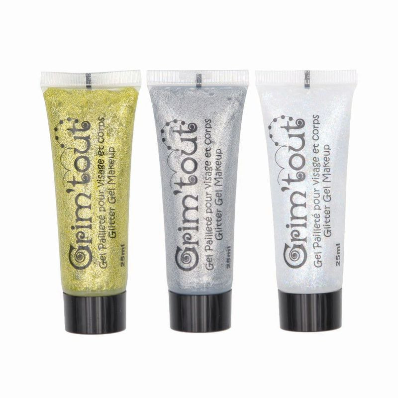 3 tubes gel pailleté visage et corps (or - argent - cristal) Grim'tout
