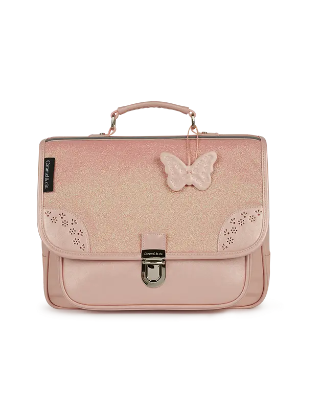 Petit cartable avec empiècements ajourés rose