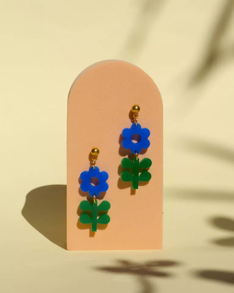 Boucles d'oreilles fleurs printanières en bleu et vert