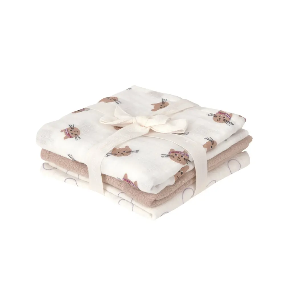 Swaddle & Burp Blanket M Tiny Team Cat Lot de 3 60*60 cm
