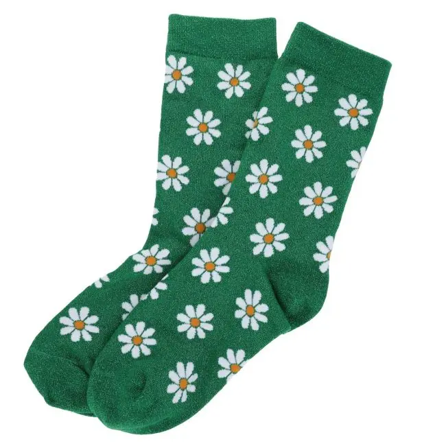 [PE-6178] Chaussettes femme à paillettes vertes marguerites 36-40