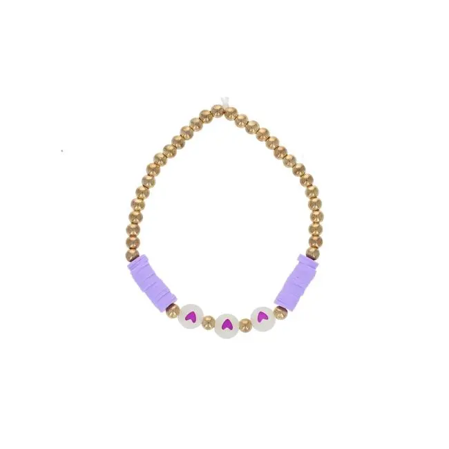 Bracelet perles dorées et violet 3 coeurs