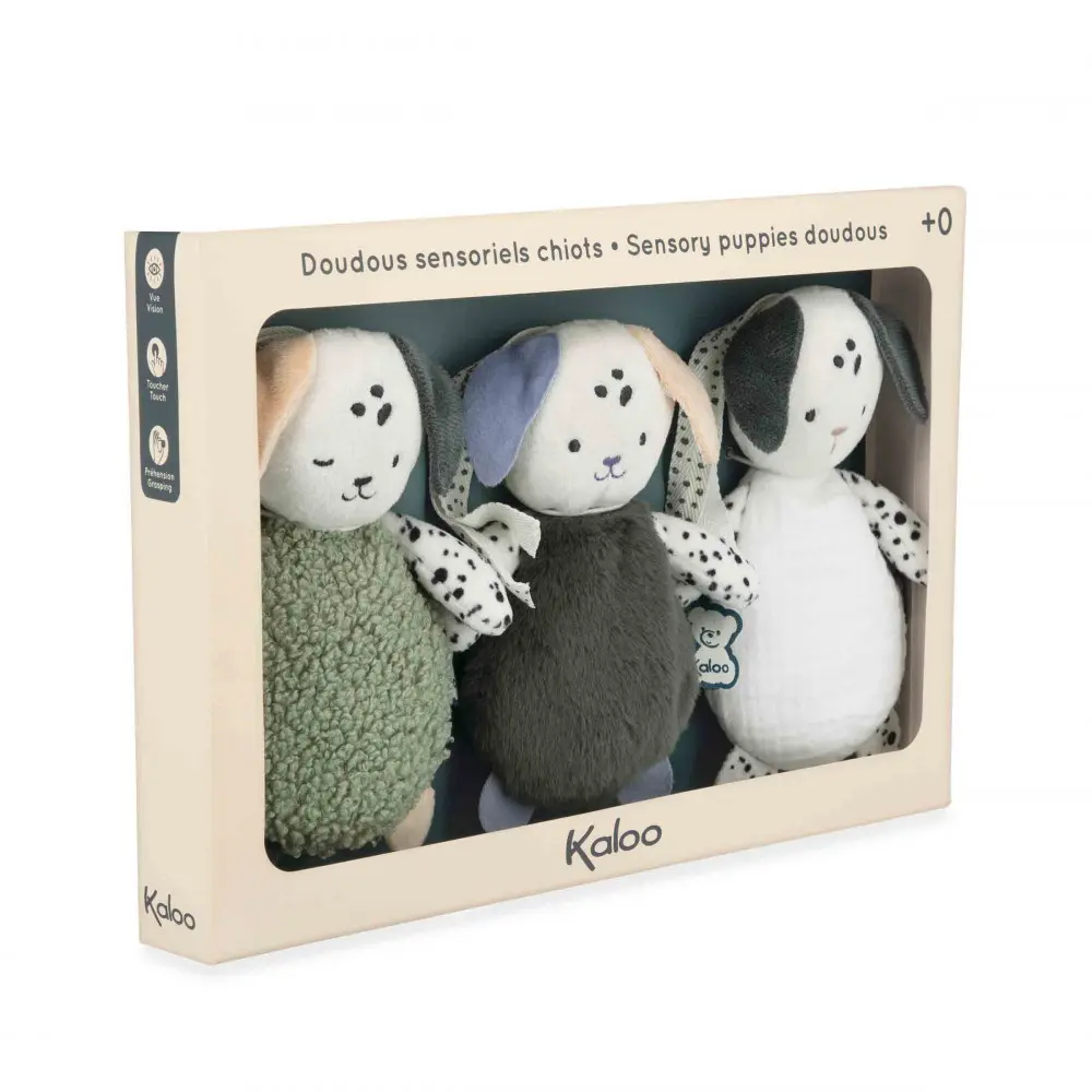 Doudous sensoriels chiots pour bébé (Set de 3)