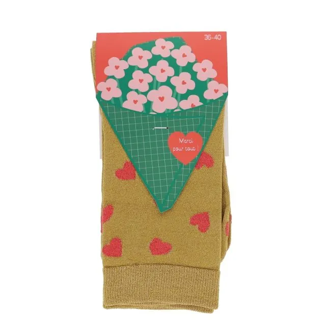 Chaussettes femme dorée avec coeurs MERCI 36-40