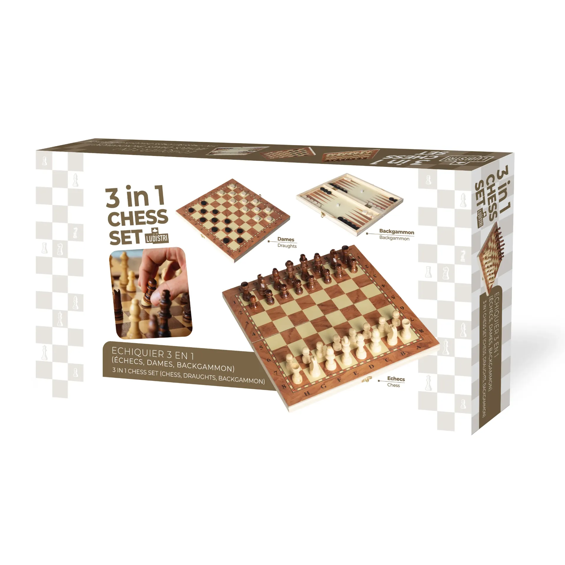 Echiquier 3 en 1 en bois (Echecs Dames Backgammon )