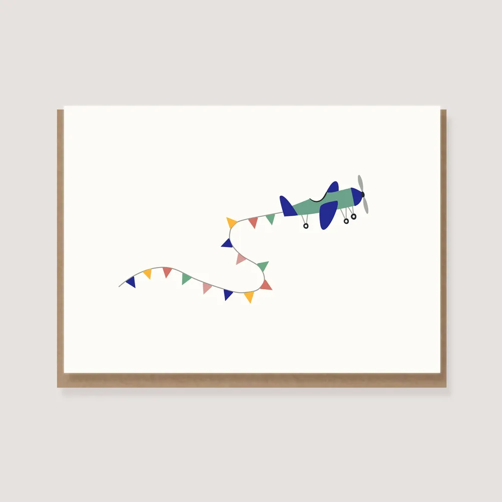 Carte double Avion avec guirlande de fanions