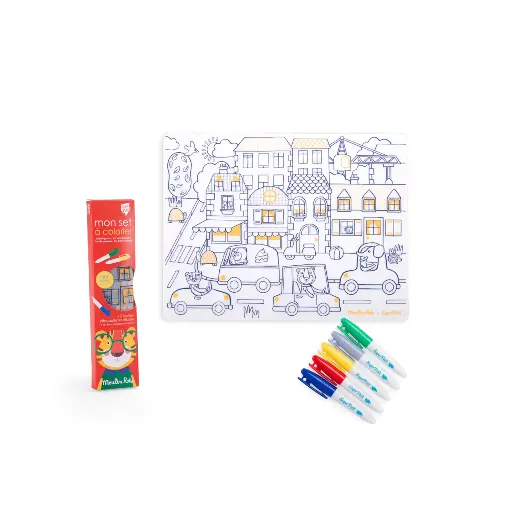 [MO-6161] Set de table en silicone à colorier + 5 feutres effaçables sur silicone Les Popipop