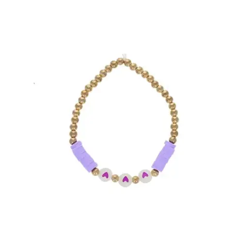 [PE-6703] Bracelet perles dorées et violet 3 coeurs